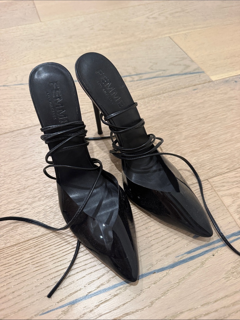 FEMMINE Black Patent Pointed-Toe Lace-Up Heels